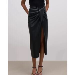 boa. Faux Leather Midi Skirt High Waisted High Slit Knot Pleated Maxi Black